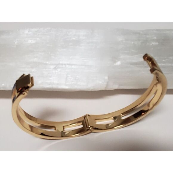 J. Crew Bracelet Hinged with Lock Navy Blue Enamel Gold Pierced Panels Bordered - Picture 9 of 12